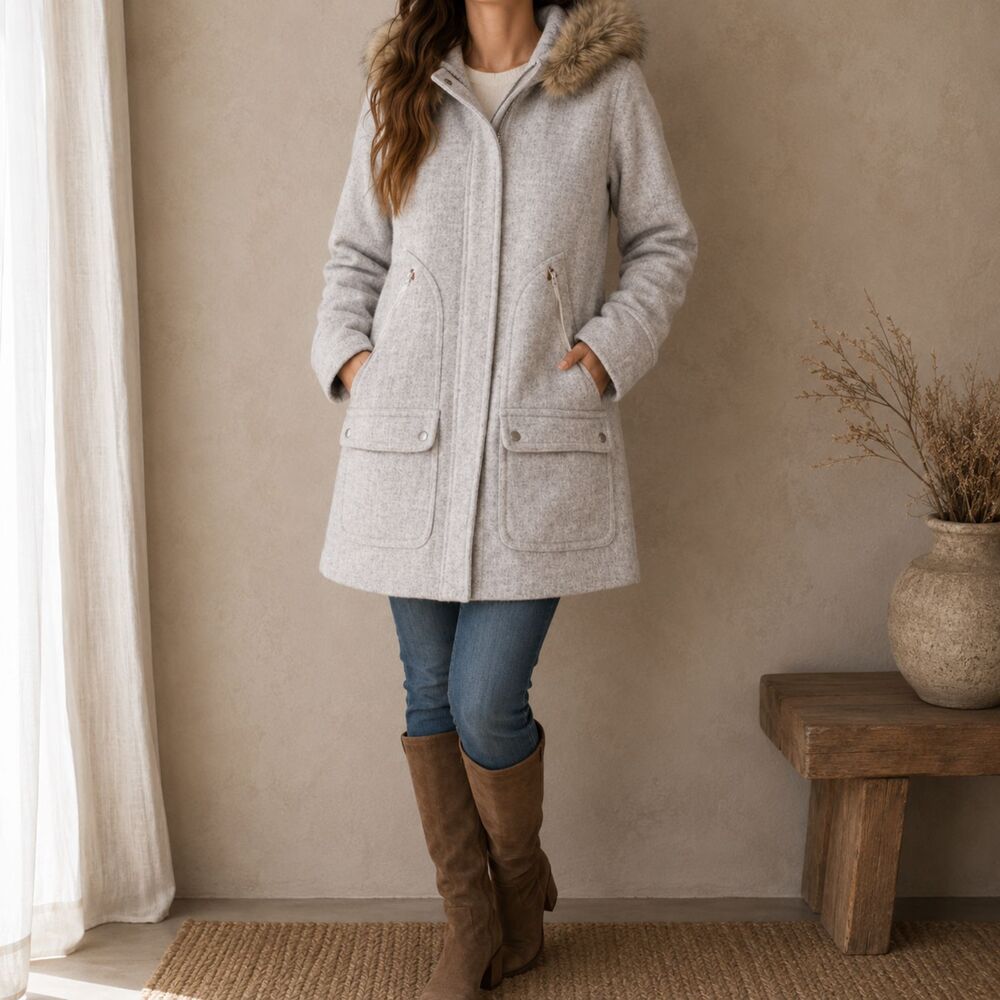 J.Crew Chateau Parka Coat Womens 2 Stadium Cloth Gray Wool Nello Gori Fur Trim - Picture 1 of 9